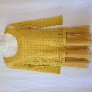 Pretty Angel Mustard Yellow Blouse, Lace Bodice, Pleated Bottom, M
